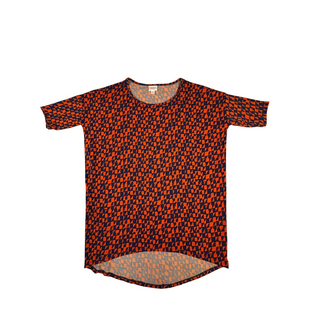 LuLaRoe Irma Tunic Top Womens XS Orange Navy Blue Geometric High Low Excellent
